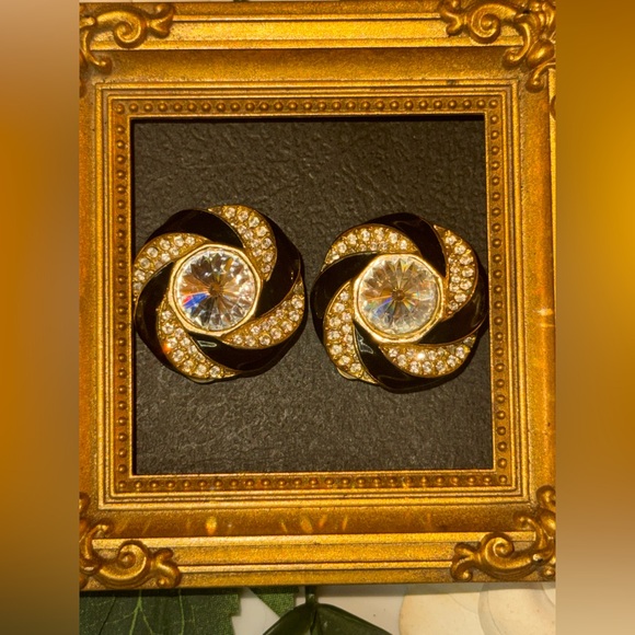 VTG Black Enamel and Crystal Swirl Earrings - Picture 11 of 16